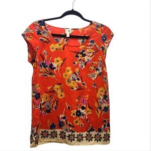 Anthropologie Edme & Esyllte 0 Silk Floral Blouse Orange Boho Border Print Top